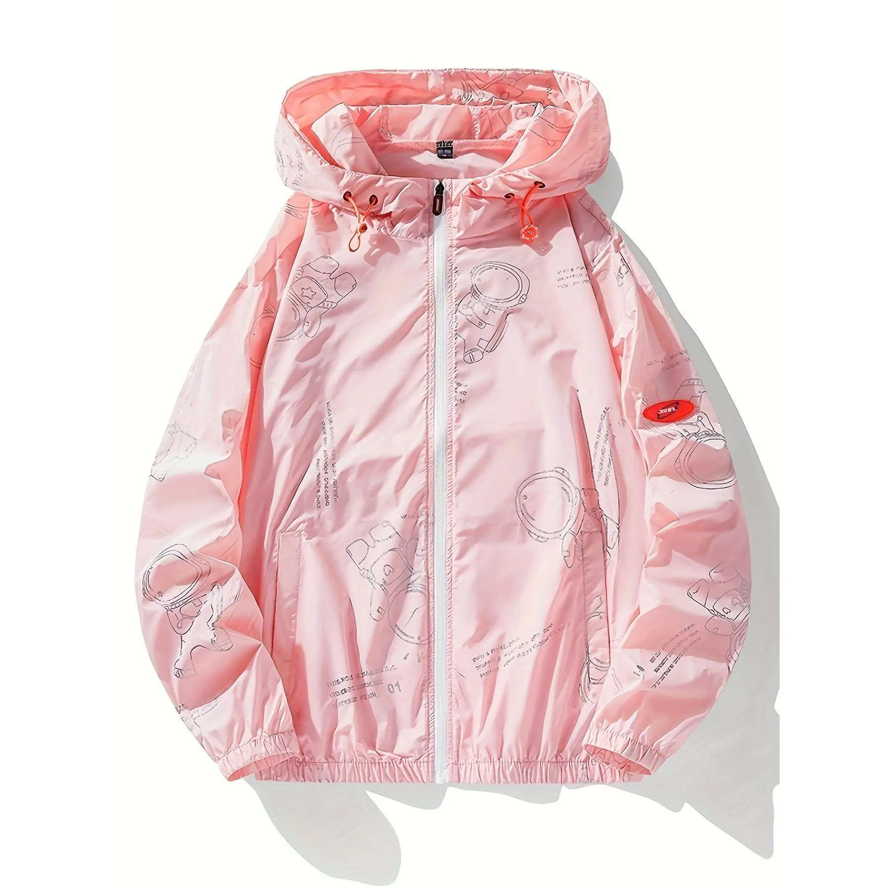Men's Casual Sport Jacket with Astronaut Graphic, Hooded Long Sleeve Soft-Shell Zip Up Athletic Tops, Polyamide, Cartoon, Sports, Lightweight, Yes, No