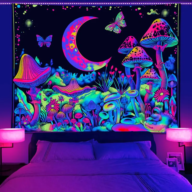 Mushroom & Moon & Butterfly Pattern Tapestry, 1 Count UV Reactive Fluorescent Durable Decorative Tapestry, Neon Light Effect Wall Hanging Blanket for Home, Multicolor Decoration Items, Home Goods, Tapestry Wall Mural