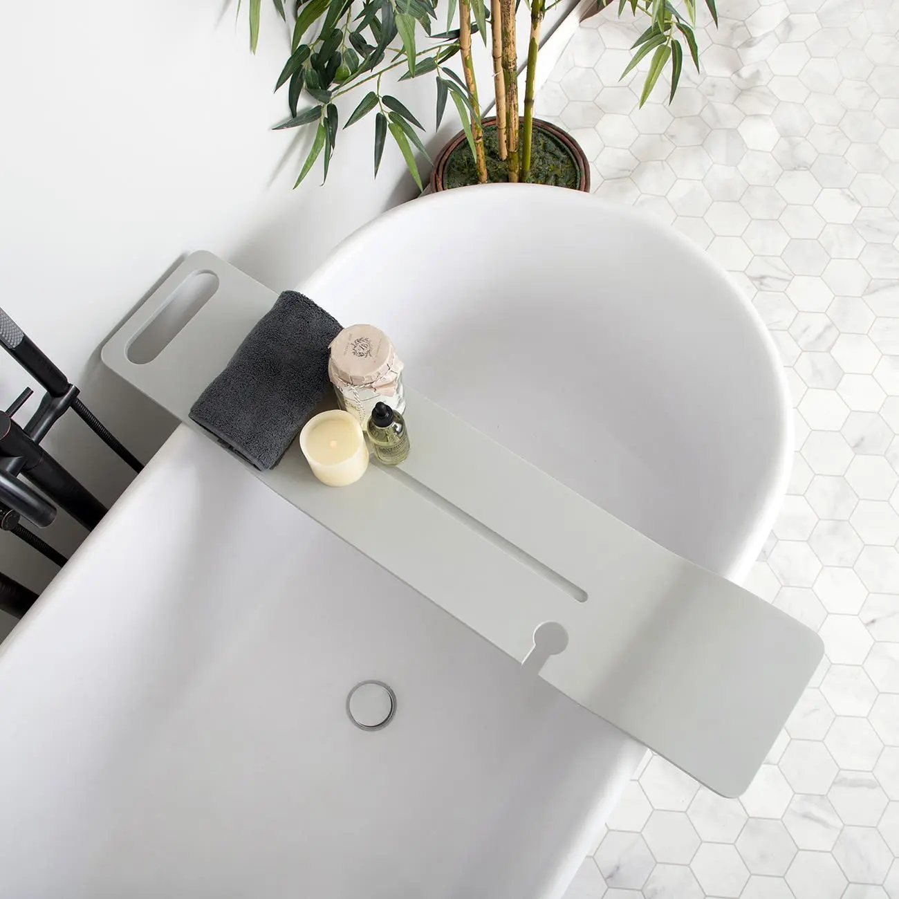 39-Inch Rectangular Stone Composite Bath Table Tray, Indoor Modern Bathroom Fixture with Wine Holder, Groove Slot, and Tablet Hold