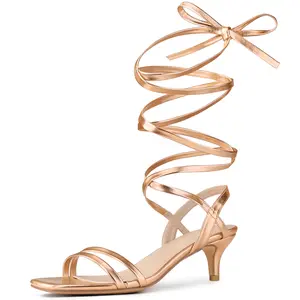 BLISSFUL STEP Women's Strappy Heel Slingback Lace Up Kitten Heels Sandals Rose Gold