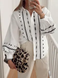 Summer Short Sleeve Design Sense Shirt Collar Embroidery Fashion Chic Lantern Sleeves Sweet Elegant Blouse Women, All Seasons Woven Fabric Top