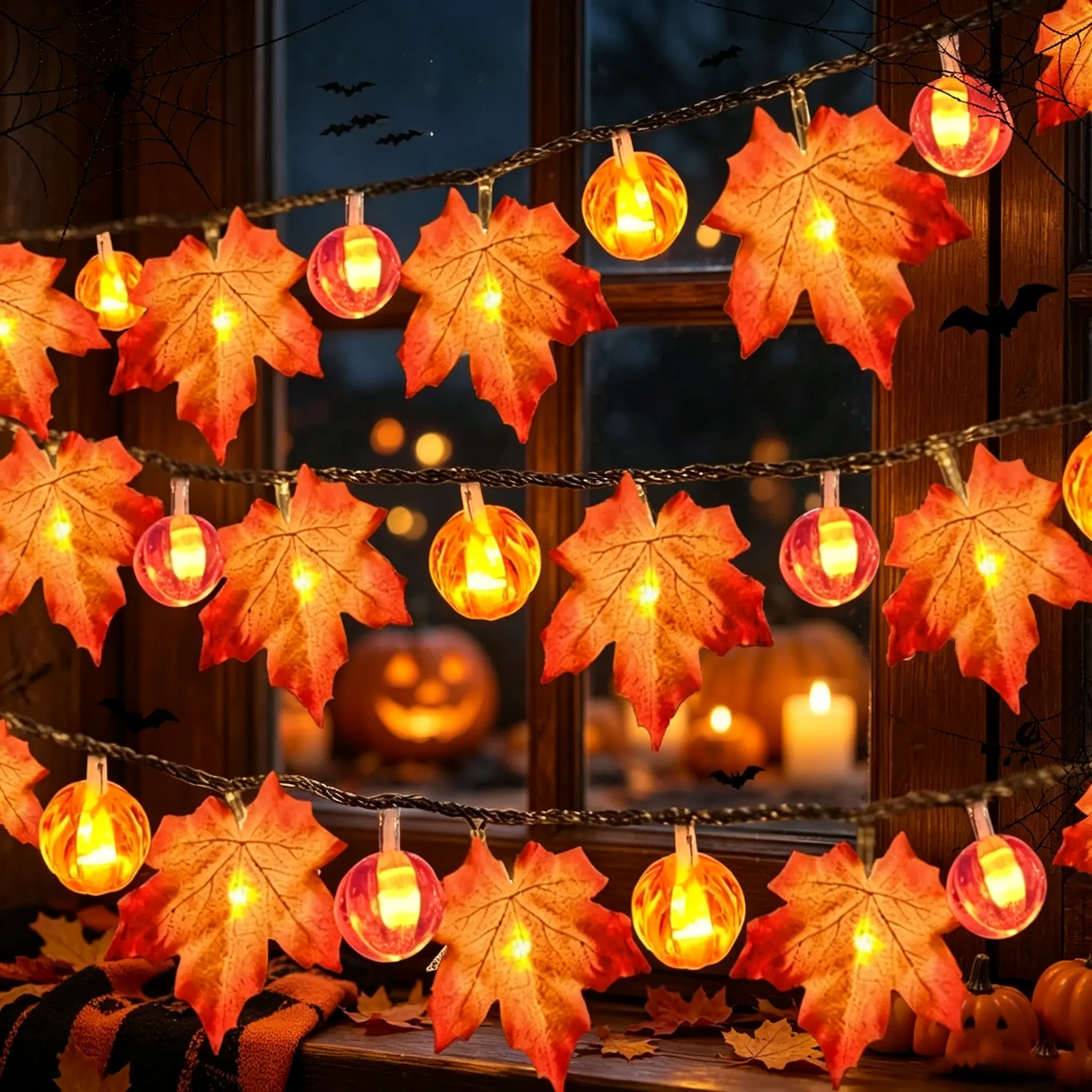 Halloween LED String Lights – Pumpkin and Maple Leaf Decorative Lights for Festive Ambiance