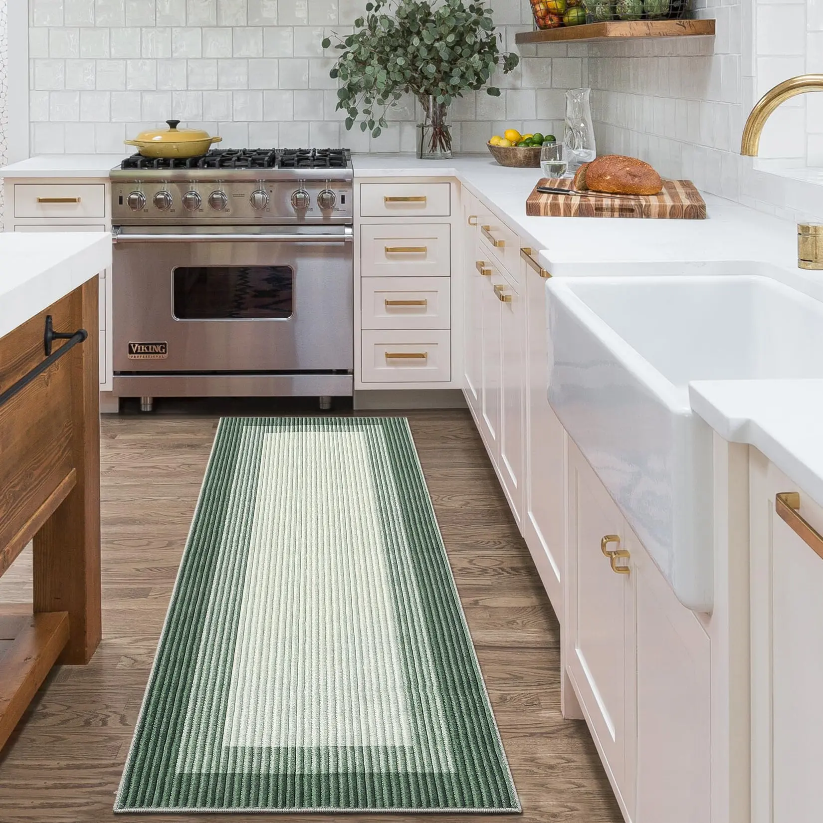 Runner Rug 2×6 Machine Washable Modern Hallway Runner Rug Non Slip Striped Edge Low Pile Imitation Print Area Rugs for Entryway Hallway Kitchen Laundry Room, Green