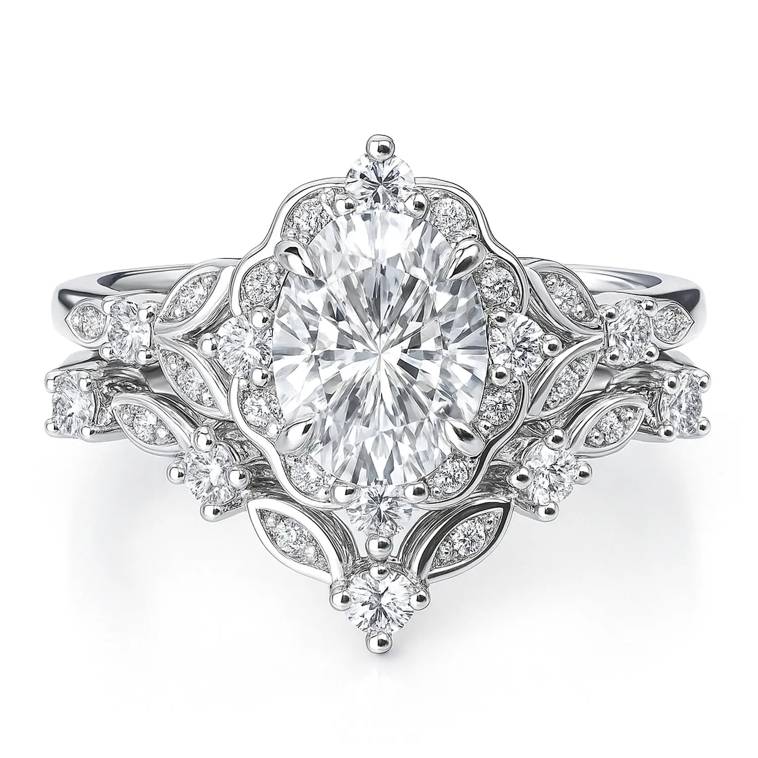 BERRICLE Sterling Silver Halo Wishbone Art Deco Chevron V Shaped Engagement Rings Stackable Band for Women, Oval Cut Cubic Zirconia CZ Ring Set