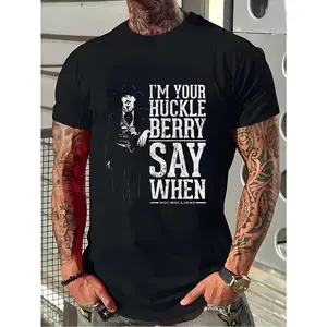 Men's "I'm Your Huckleberry Say When" Graphic Print T-Shirt - Black Casual Short Sleeve Round Neck Tee, 100% Machine Washable, All-Season Comfort Fit for Casual Attire, PLUS SIZE