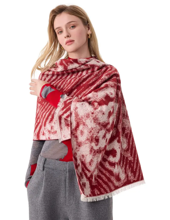 Breaking Red Jacquard Silk Scarf – 100% Mulberry Silk, 71"x24"