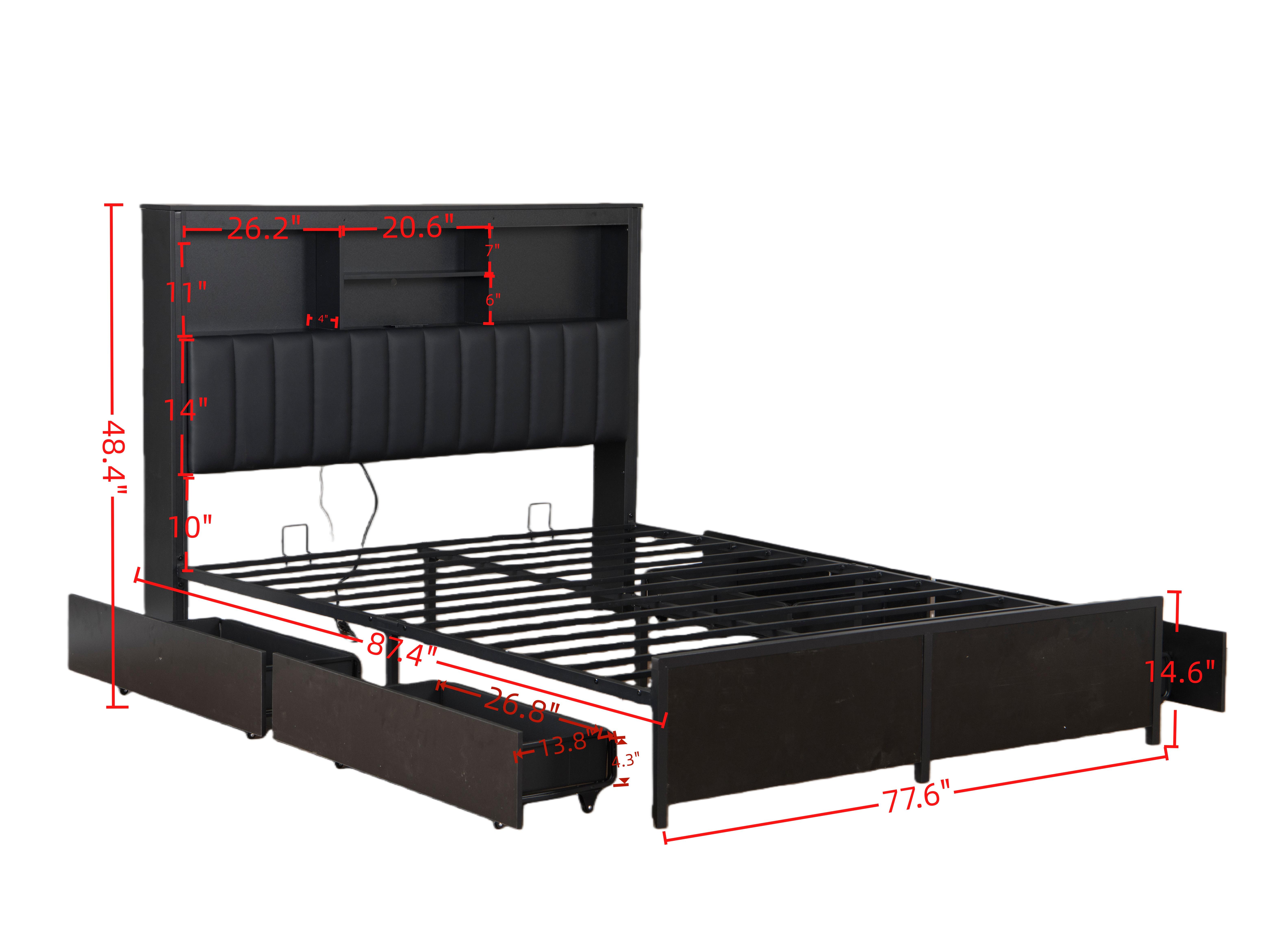 King Size Platform Bed Frame with Tall Storage Headboard and 4 Storage Drawers,Metal Platform Bed with LED Light and Charging Station for Small Space Bedroom Living Room No Box Spring, Black King Size Platform Bed Frame with Tall Storage Headboard and 4 Storage Drawers,Metal Platform Bed with LED Light and Charging Station for Small Space Bedroom Living Room No Box Spring, Black