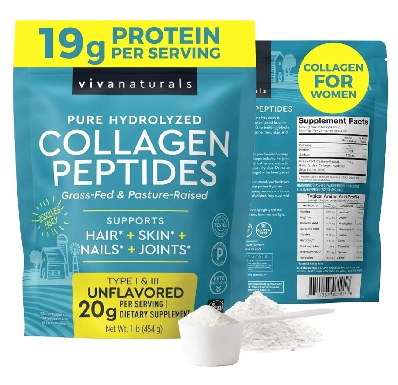 Collagen Peptides Powder - Grass-Fed Hydrolyzed Bovine, Type I & III - 19 g Protein, Unflavored, Easy Dissolving - Joint, Skin, Hair & Nail Support - Paleo, Keto, Non-GMO - 1lb
