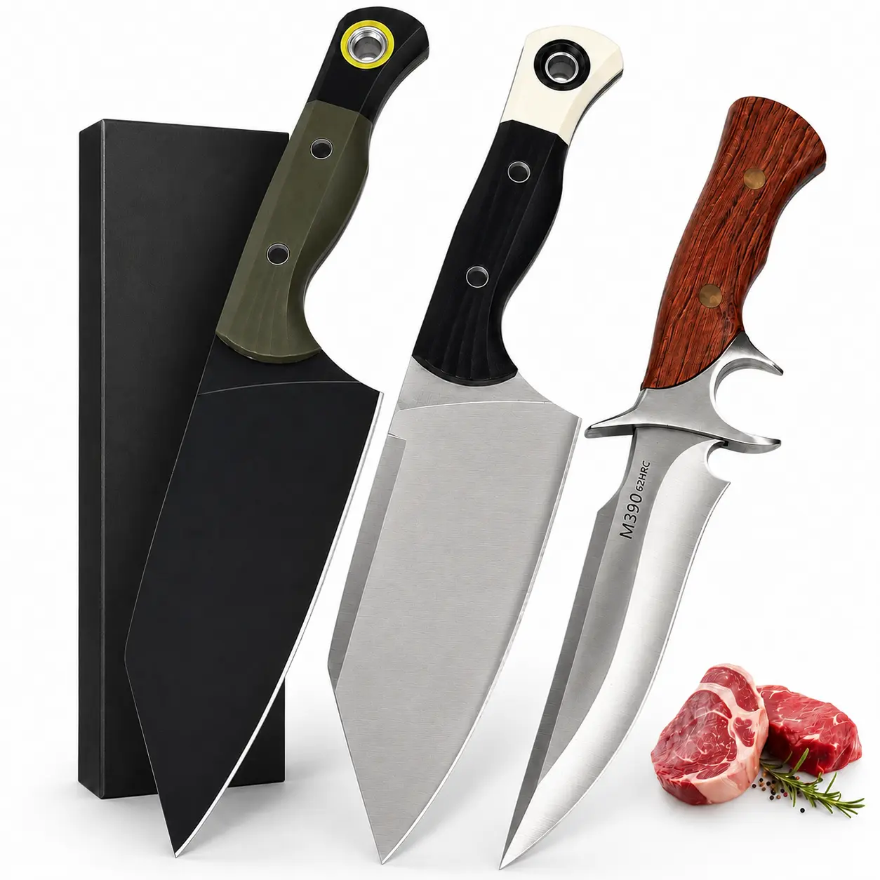 Versatile Culinary Cutting Knife Set Options, Multiple Ergonomic Non-Slip Grips Rustproof Blade for Beef Pork Vegetable & Fruit Prep