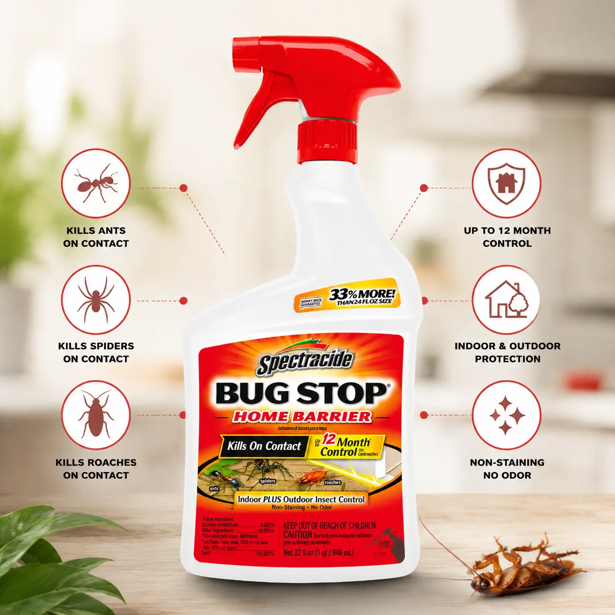 Spectracide Bug Stop Home Barrier Spray - 32 oz Ready-To-Use Water-Based Indoor/Outdoor Insect Control, Long-Lasting, No Battery Needed, No Magnets, As Shown