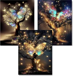 5D DIY Full Drill Diamond Painting Kit Glowing Tree Butterfly Scenery Art Craft for Adults Home Wall Decor