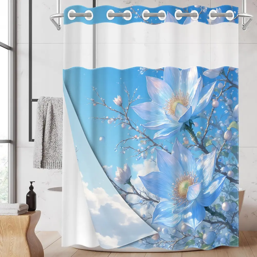 1PC/4PCS 2D Flat Printing Blue Lotus Branch Cloud Scene Patterned Decorative shower curtain, Bathroom curtains, home bathroom decor, shower curtain set with 12 hooks, non-slip bathroom rug, U-shaped toilet seat cover, toilet seat mat