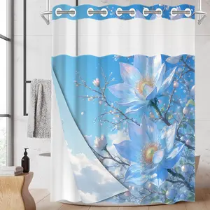 1PC/4PCS 2D Flat Printing Happy Spring Blue Lotus Branch Cloud Scene Patterned shower curtain, home bathroom decor, shower curtain set with 12 hooks, non-slip bathroom rug, U-shaped toilet seat cover, toilet seat mat, Bathroom Decoration Accessories