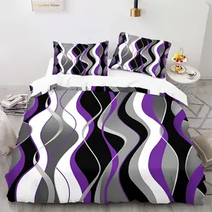 2/3Pcs Purple Black Grey Wavy Stripes Duvet Cover Set, Modern Abstract Geometric Comforter Cover, Gradient Wave Soft Microfiber Bedding Set with Pillowcases, No Filler, For Teen Girls Bedroom Dorm Decor, Ideal Gift for Teens