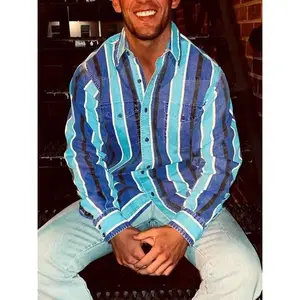 Western Cowboy Men's Shirts Blouses Striped Casual Button Down Long Sleeve Shirt Tops With pockets,Slight suede touch,