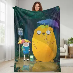 Adventure Cartoon Flannel Blanket Rainy Day Bus Stop Illustration Soft Warm Lightweight Cozy Throw for Sofa Bedroom Travel Gift Lounge