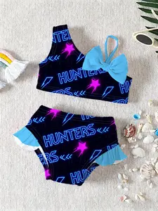 Kpop Demon Hunters Girls' Two-Piece Swimsuit Set, Elastic Fabric Neon 'hunters' Lightning Print, Swim Bow, Perfect for Beach Sea Spa Play