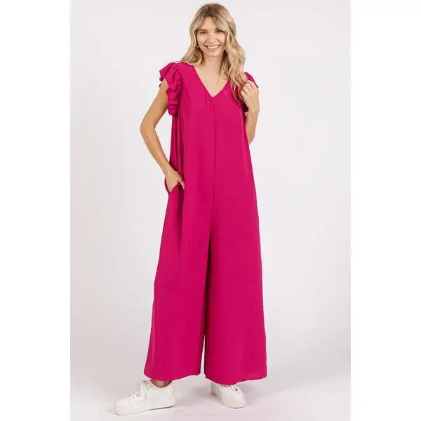 V-Neck Ruffled Cap Sleeve Wide Leg Jumpsuit