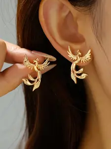 Vintage Style Phoenix Wings Earrings, Kc Plated Zinc Alloy, Stainless Steel Post, Elegant for Daily & Party Wear
