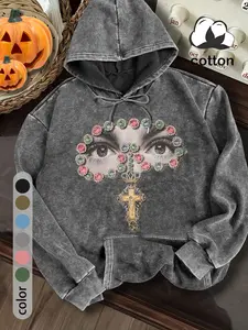 Women's street retro vintage religious cross print washed distressed loose thin hooded sweatshirt with pockets, women's spring and autumn cotton hoodie