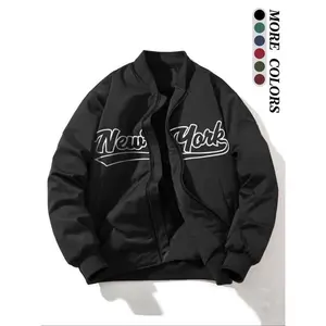 Men's Letter Print Drop Shoulder Zip Up Jacket, Casual Regular Fit Pocket Funnel Neck Jacket for Daily Wear, Fashion Men's Clothing for All Seasons