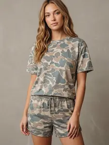 Women's 2 Piece Outfits Summer Casual Camo Short Sleeve T Shirts and High Waist Drawstring Shorts Lounge Sets Tracksuit