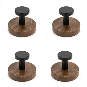 4 Pack Walnut Wood Suction Cup Hooks, No Drill Reusable Heavy Duty Wall Hooks for Hanging, Waterproof Adhesive Towel Hooks for Bathroom, Kitchen, Glass, Tile, Door, Modern Matte Black Organizer Hooks