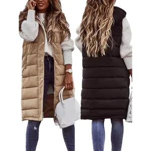 Women Warm Keeping Long Gilet Solid Colour Sleeveless Zipper Puffer Jacket Hooded Waistcoat Midi Length Down Vest Thicken Quilted Coat Padded Outwear Streets Casual Winter