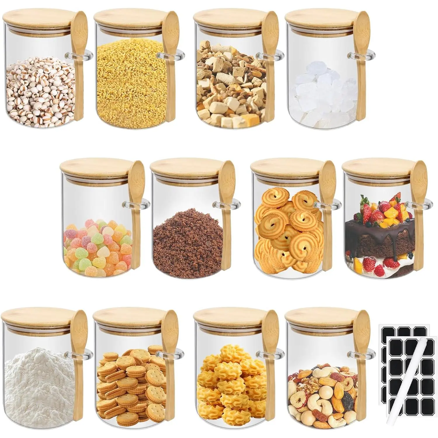 12 Pcs Glass Jars with Bamboo Lids and Spoons, 17oz Airtight Glass Storage Containers with 2 Labels and 1 Pen,for Kitchen Dry Goods Coffee, Beans,Sugar, Spices, Tea