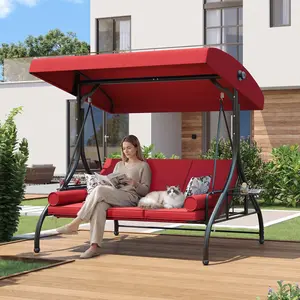 Aoxun Outdoor Porch Swing with Stand and Canopy, 3 Seats Outdoor Swings for Adults, Convertible 2 in 1 Swing Bed with Cup Holder, Patio Swings with Thicken Cushions for Garden, Yard & Balcony, Wine,Gray,blue summerwins