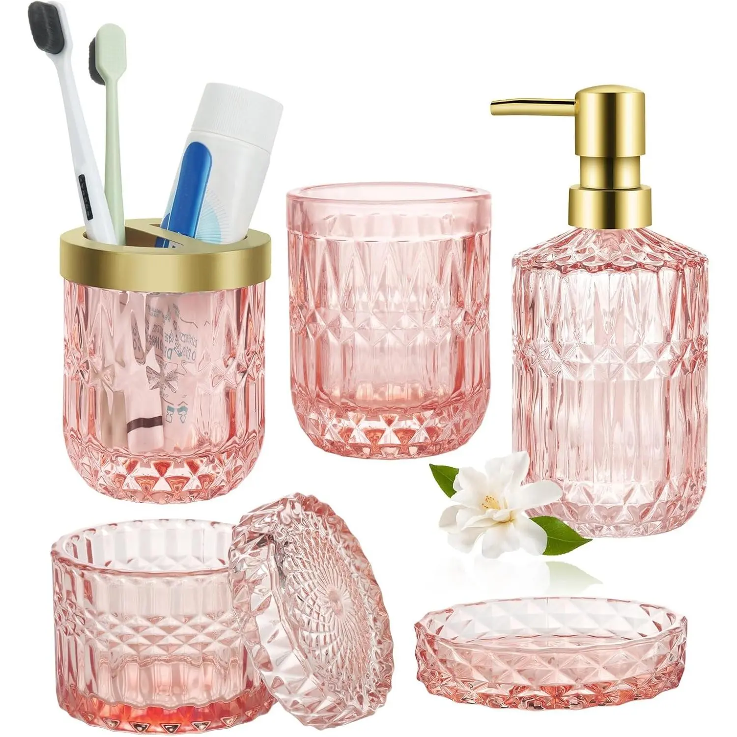 Pink 5-Piece Crystal Glass Bathroom Accessories Set - Bathroom Decoration Kit with Soap Dispenser, Toothbrush Holder, Tumbler, Soap Dish, Cotton Swab Jar, Crystal Bathroom Accessories