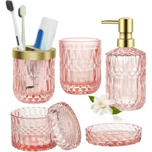 Glass Bathroom Accessories Set, 5 Piece Collection with Soap Dispenser, Toothbrush Holder, Tumbler, Soap Dish, Cotton Swab Jar (Pink)