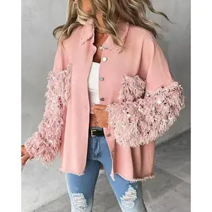 2025 color blocking sequin tassel design fuzzy patch detachable women's shiny jacket luxury coat floral top detachable jacket pink shirt women's double button lapel jacket