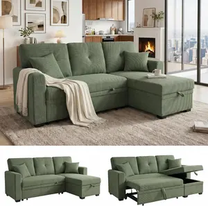 71" Convertible Sectional Sleeper Sofa with Pull Out Bed, Reversible L-Shaped Couch with Storage Chaise, 3 Seater Sofa Bed for Apartment & Small Space, Linen-Look Woven Fabric, Green