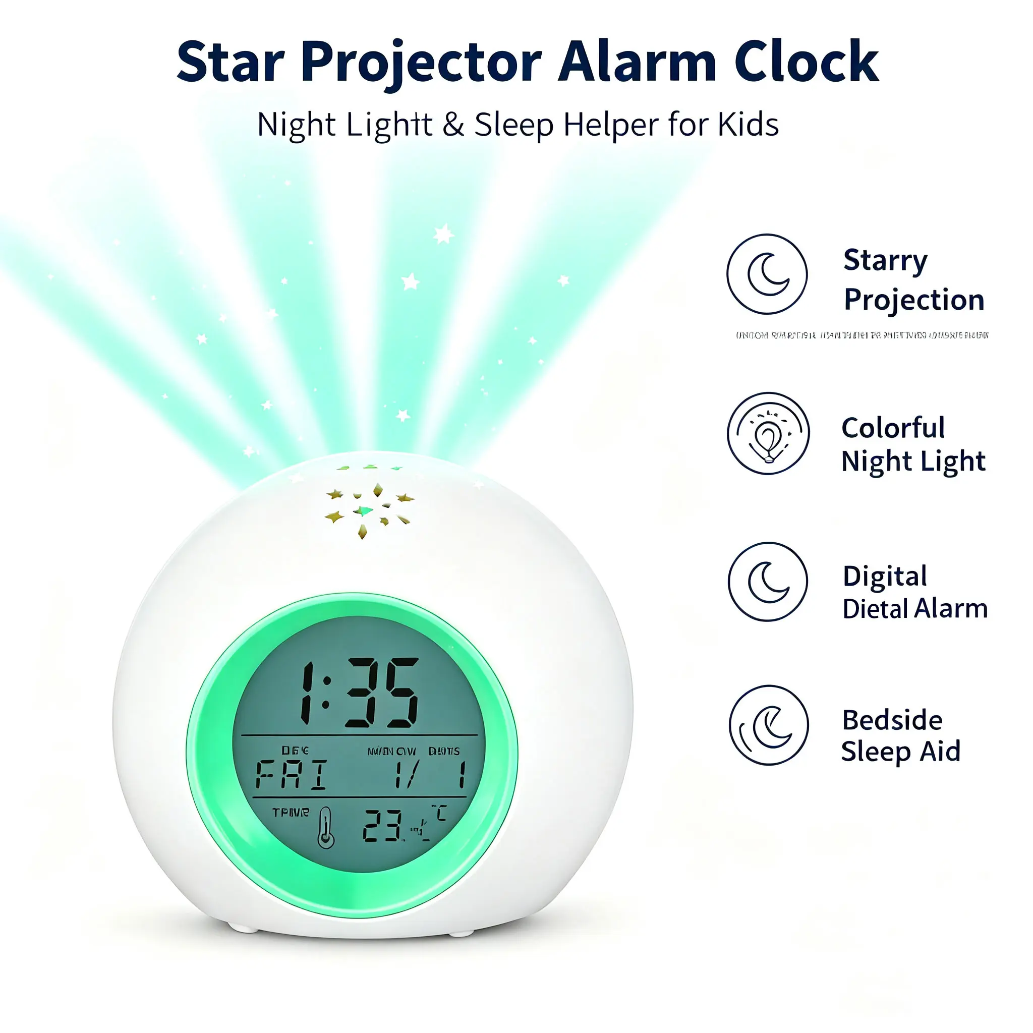 Tarklanda Alarm Clock for Kids,Moon Stars Projector Alarm Clock,7 Color Changing Night Light,Snooze Touch Control Temperature for Kids’ Bedroom, Digital Clock for Girls Boys Children Birthday Gifts