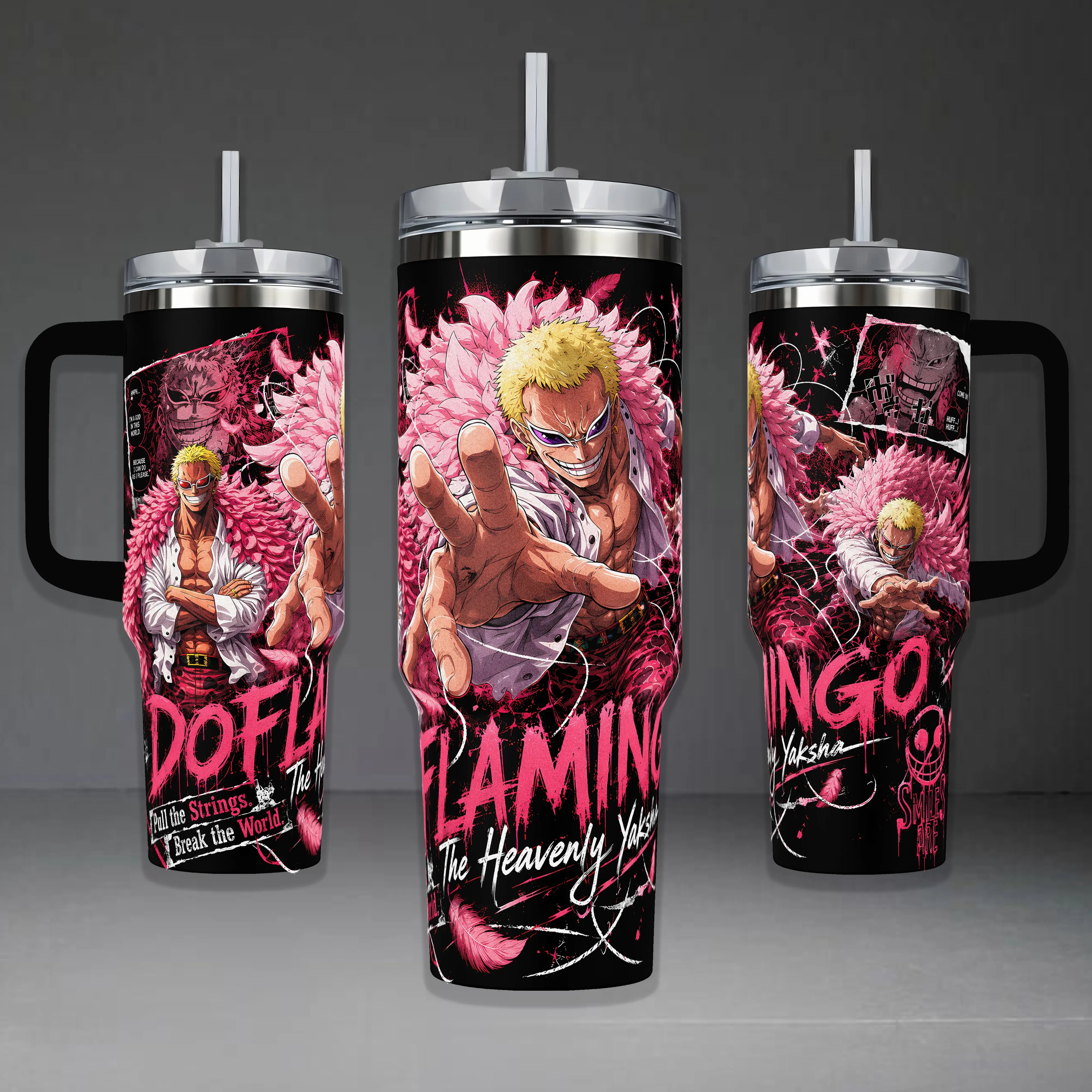 OnePiece Donquixote Doflamingo Insulated Tumbler - 20oz/40oz Stainless Steel Drinkware with Handle, Lid, Pink Feather Design, Heavenly Yaksha Dressrosa King Joker Themed Portable Flask Bottle, Anime Fan Gift, Insulation, Bottles