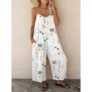 Women's Floral Print Pocket Spaghetti Strap Cami Jumpsuit, Loose Boho Sleeveless Wide Leg Jumpsuit for Beach Holiday Vacation, Ladies Clothes for All Seasons, Womenswear, Casual Fashion Jumpsuit, Bohemian Overalls, Stylish Jumpsuit