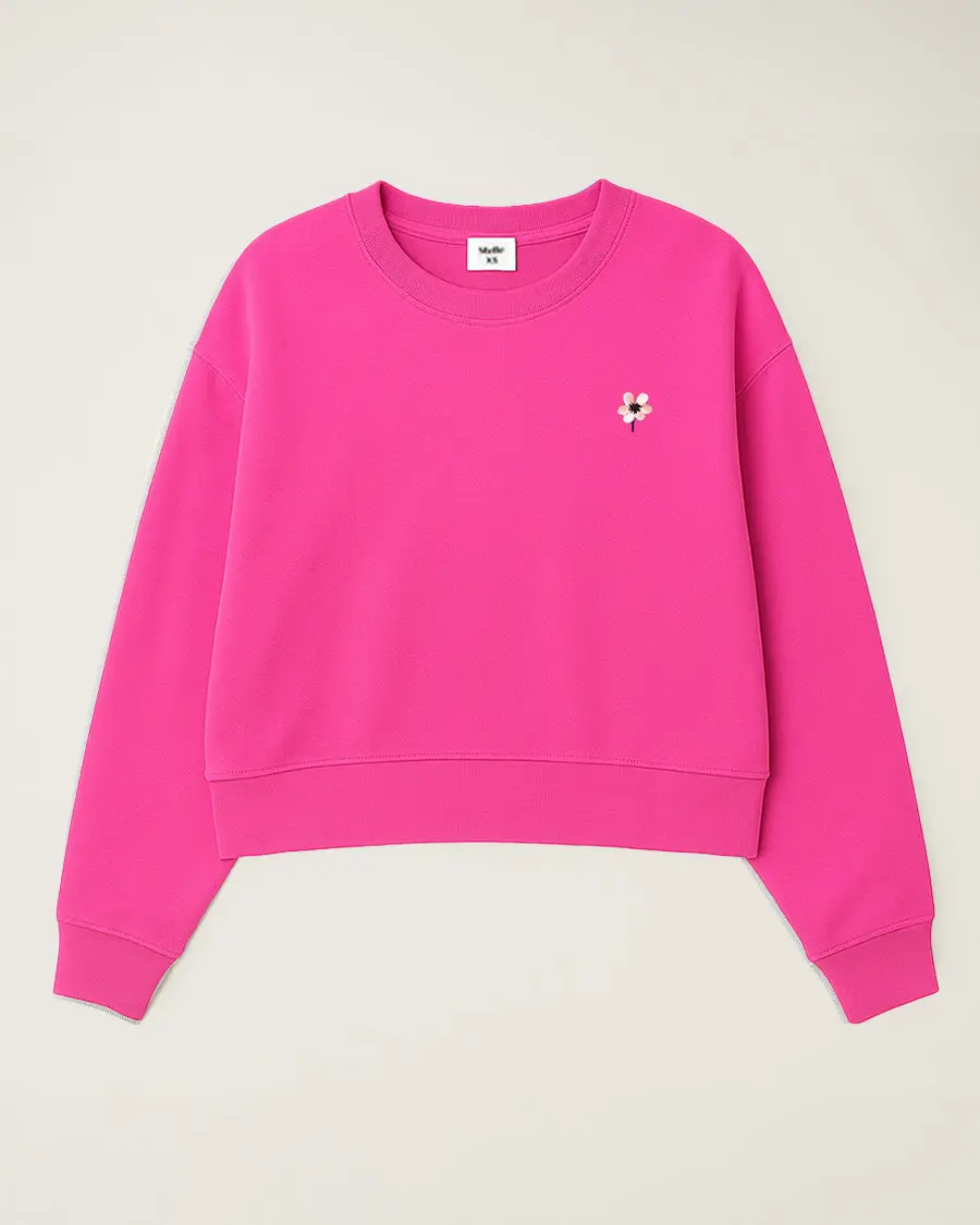 Women's Cropped Oversized Cotton Sweatshirt - Embroidered Breathable Crew Neck Pullover with Drop Shoulder, Ribbed Loose-Fitting Silhouette, Soft Casual Sports Top, Machine Washable Elegant Activewear