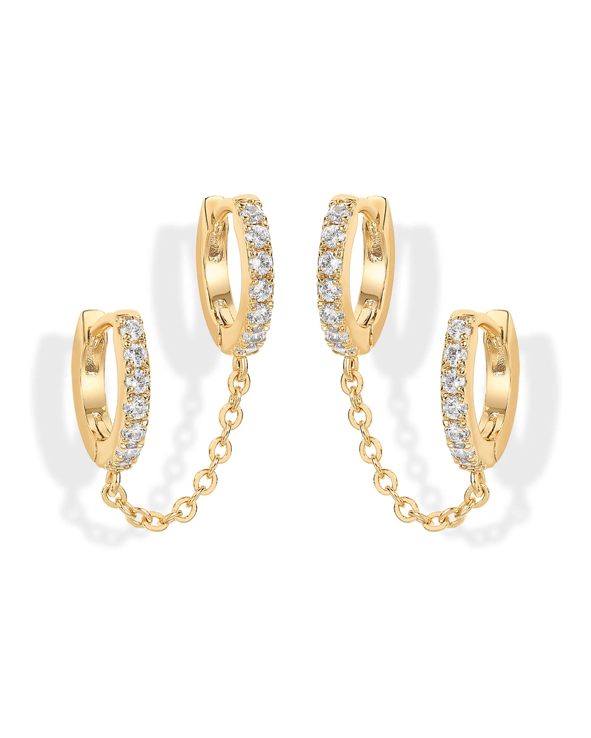 PAVOI 14K Gold Chain Earrings for Women | Double Piercing Dangle Chain Huggie Hoop Earrings |Double Cubic Zirconia Stud Ear Cuff Earrings for Women