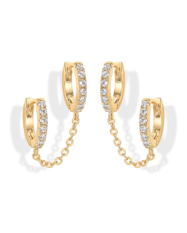 PAVOI 14K Gold Chain Earrings for Women | Double Piercing Dangle Chain Huggie Hoop Earrings |Double Cubic Zirconia  Stud Ear Cuff Earrings for Women