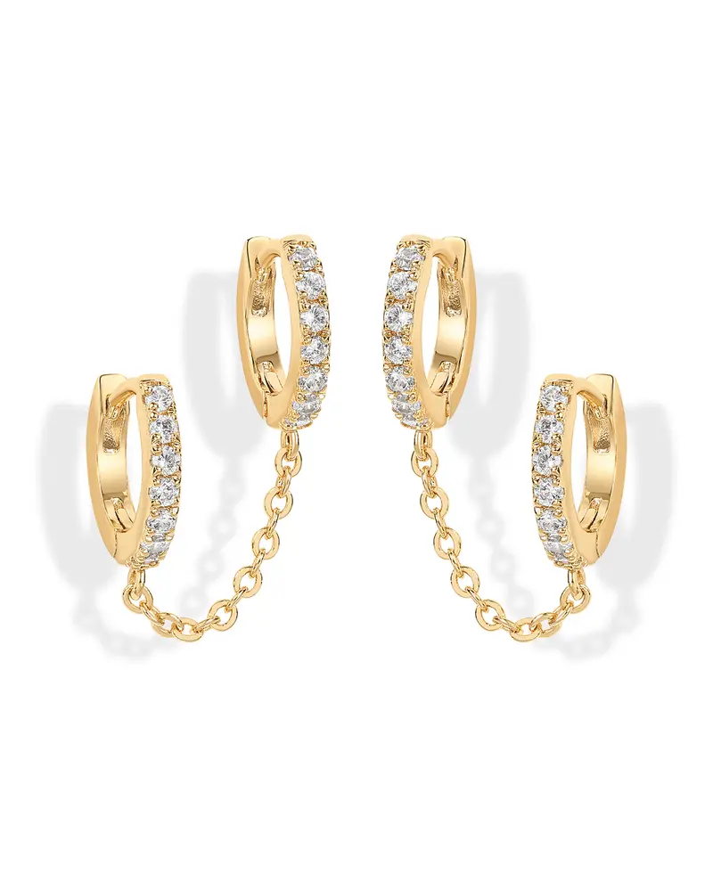 PAVOI 14K Gold Chain Earrings for Women | Double Piercing Dangle Chain Huggie Hoop Earrings |Double Cubic Zirconia  Stud Ear Cuff Earrings for Women