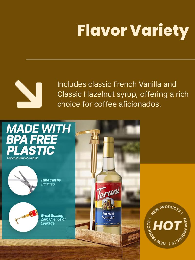 Torani Coffee Syrup Variety Pack - French Vanilla & Classic Hazelnut Syrup for Coffee with 2 Jimoco Syrup Pump Dispensers - Sweet Natural Beverages