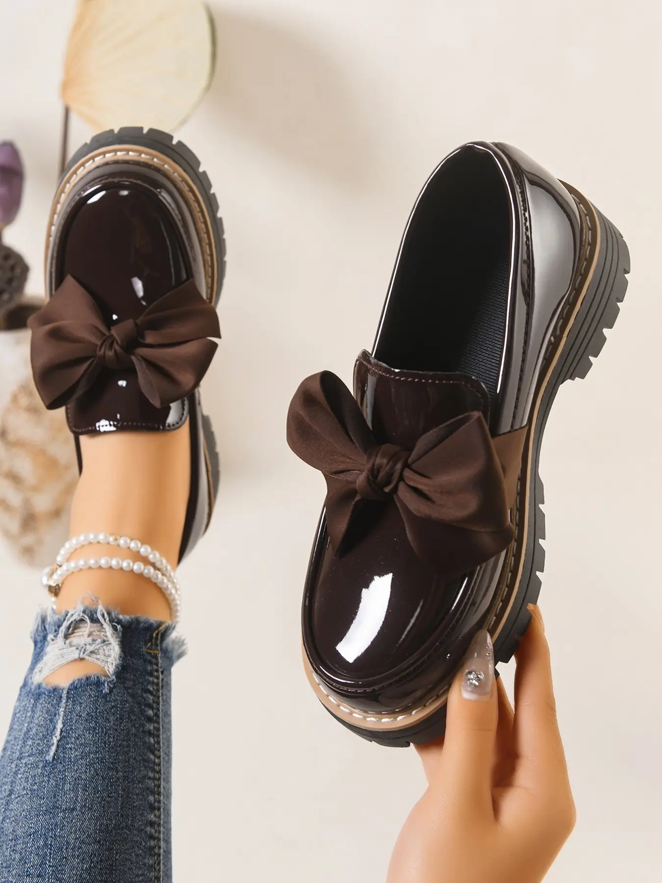 Women's PU Leather Fashionable Loafers Comfortable Casual Shoes, Large Bow Platform Thick Sole, Vintage Y2K Style Lace-Up Sneakers for All Seasons