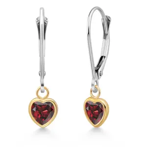 925 Sterling Silver and 10k Yellow Gold Red Garnet Drop Dangle Earrings For Women (1.20 Cttw, Heart Shape 5MM)
