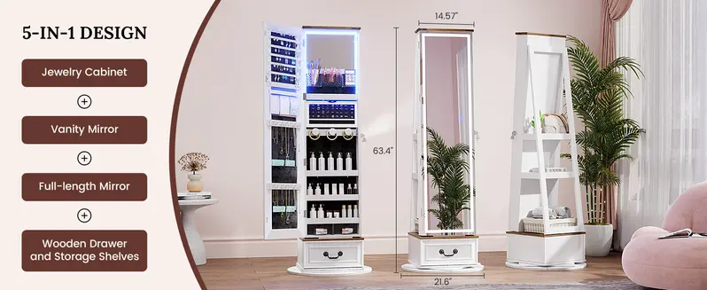 Miuvanity 5-in-1 360 Swivel Jewelry Cabinet with LED Light