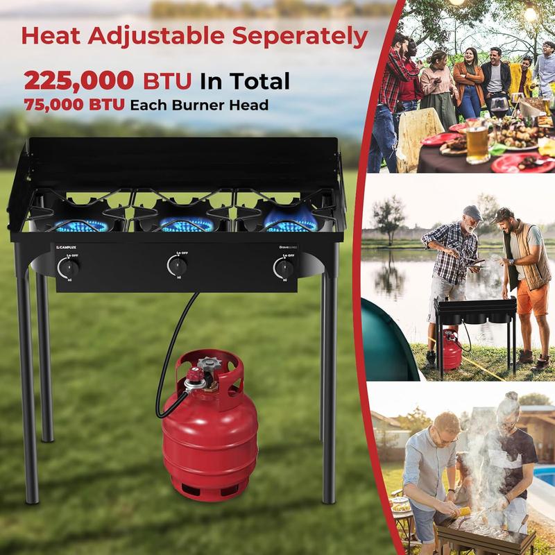 3 Burner Outdoor Propane Gas Stove with Regulator, Windpanel & Carrying Bag, 150,000 BTU Powerful Stand Cooker for Backyard Cooking Camping Home Brewing Canning Turkey Frying