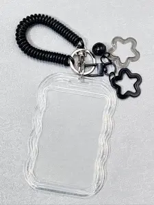 Heavy Duty Retractable ID Holder with Star Keychain & Wrist Strap-Transparent PVC Wavy Card Holder Keychain Set with Slide Cover,Clear Card Holder+Spring Rope Keyring+Star Charms,ID Card for Student,School/Campus IDs,Credit Cards,Photocards-Back-to-School