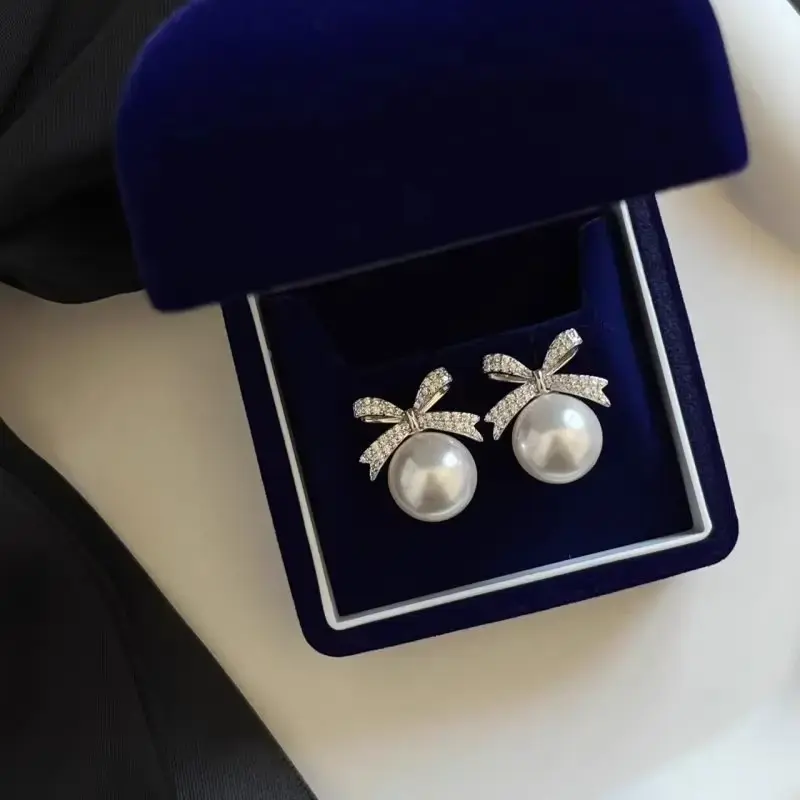 14mm Shell Pearl Stud Earrings | Sparkling Zircon Bow Design | Elegant Bridal & Wedding Jewelry for Women outdoorfun