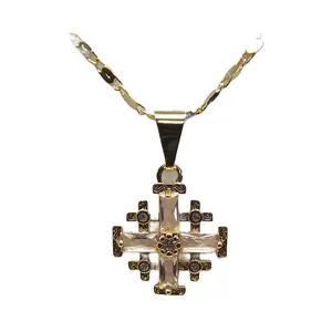 Gold Plated Jerusalem Cross Pendant light Pink Garnet Crystallized 20"Necklace