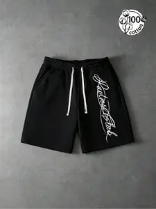 Unisex 100% Cotton Black Drawstring Sportswear Sweat Shorts | Cursive "Lautres Club" Graphic Print American Streetwear Casual Pants